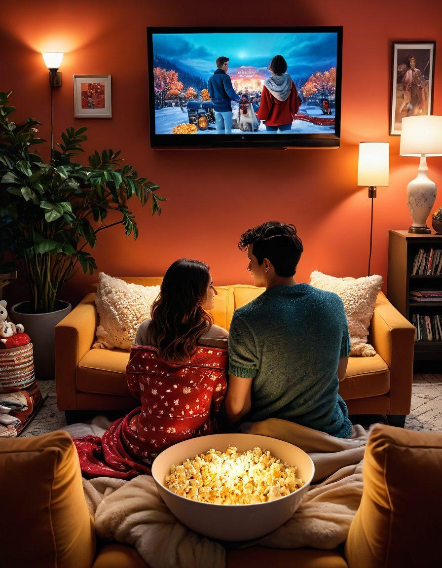 A cozy living room scene with a couple snuggled on a couch, surrounded by a collection of streaming devices and colorful movie posters. The warm glow of a TV screen illuminates their faces as they share a bowl of popcorn, showcasing a romantic film playing in the background. Include soft blankets and heart motifs to enhance the affectionate theme. super-realistic. warm colors. inviting atmosphere.