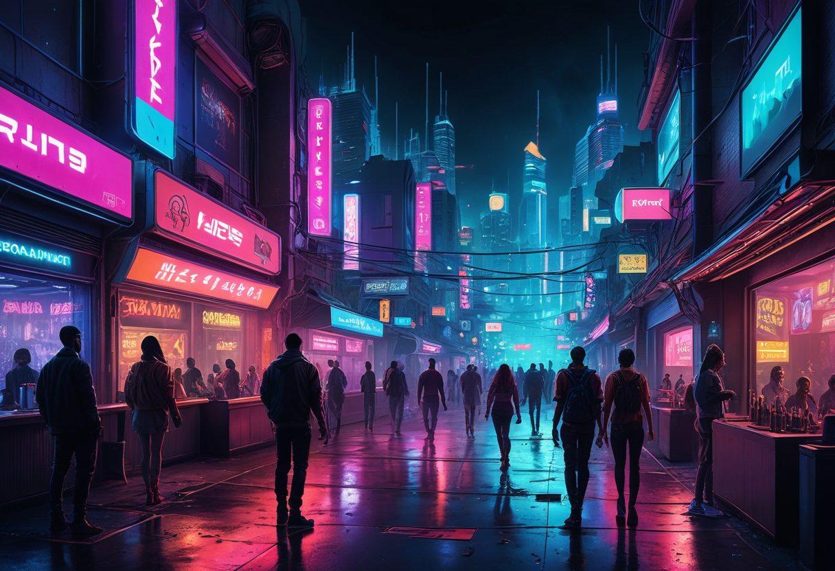 A captivating blend of a vibrant neon-lit cityscape at night, featuring silhouettes of diverse individuals exploring adult entertainment venues, showcasing passion and connection. Subtle hints of technology like virtual reality headsets and mobile devices are integrated. The atmosphere conveys excitement, curiosity, and a sense of community. bold colors, dynamic lighting. cyberpunk, super-realistic.